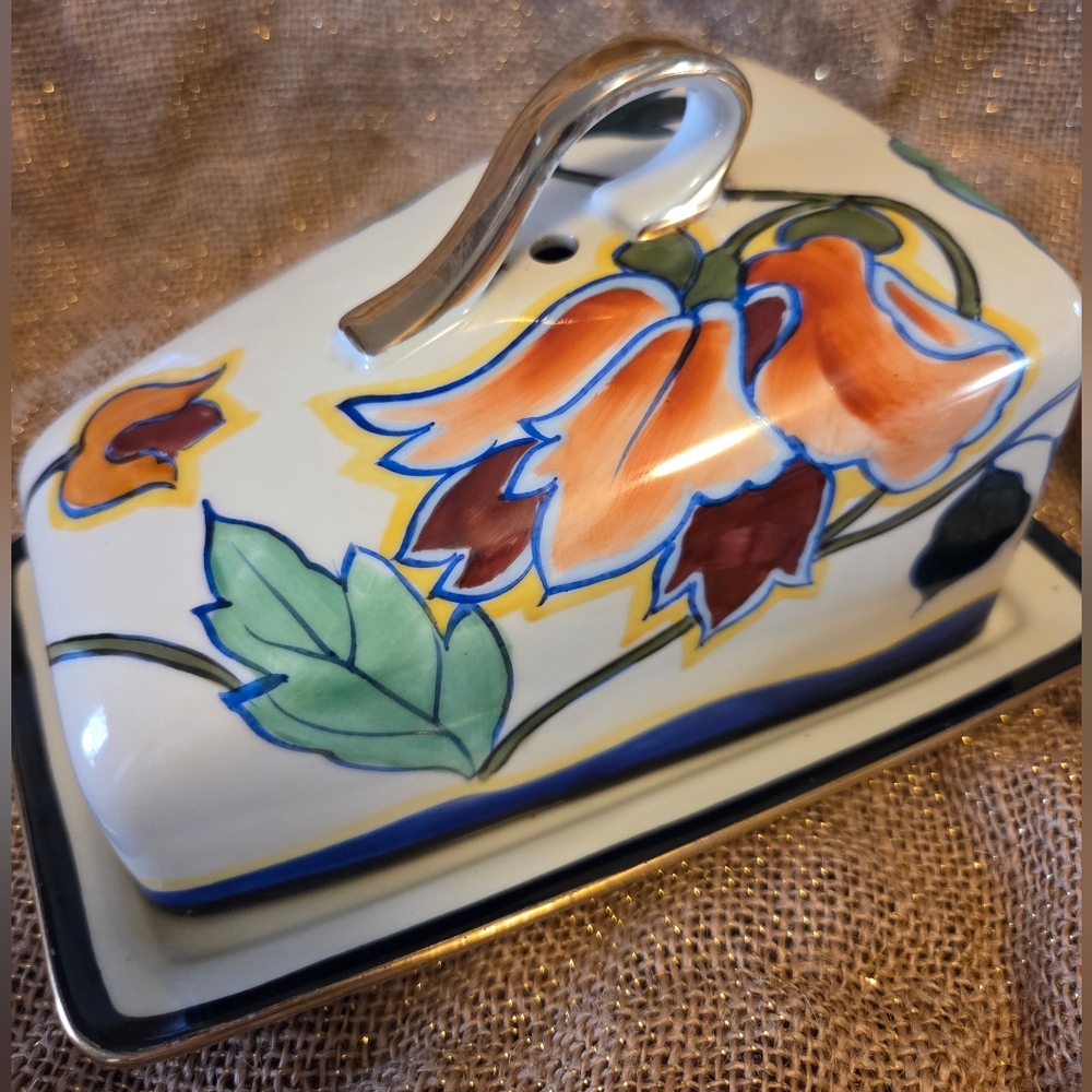 Noritake Nippon Slanted Cheese or Butter Dish Hand Painted Floral Rare